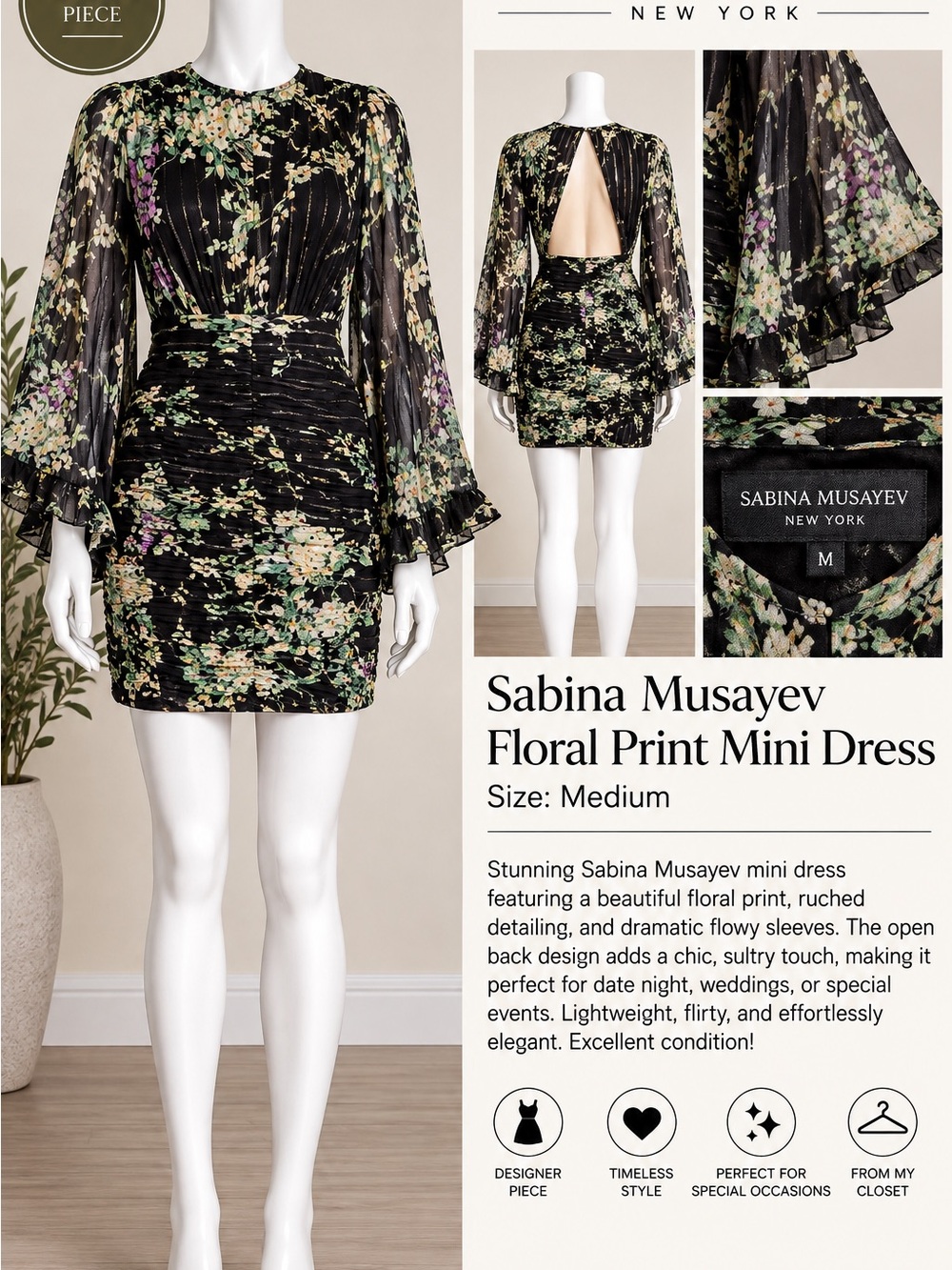 Sabina Musayev Black Floral Open-Back Mini Dress